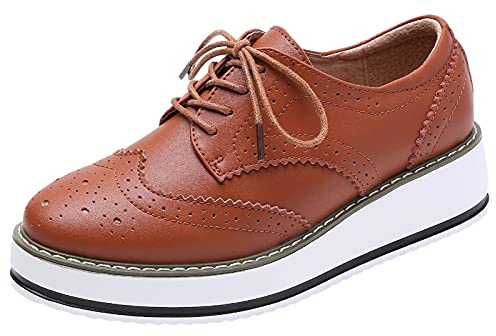 ANUFER Dam snörsko brogues plattform Creepers casual sneakers skor, Brun, 36.5 EU
