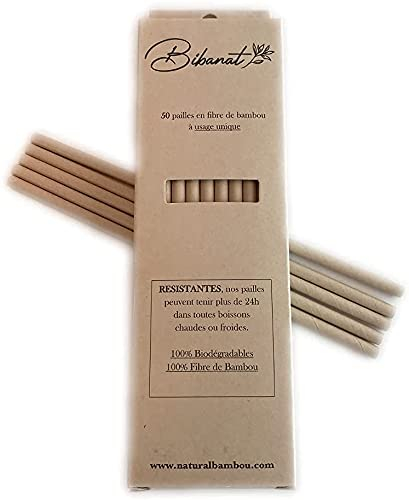 50 Pailles Bambou | Fibre de Bambou Jetables | Biodégradables | Compostables | sans Produits Chimiques | Résiste 24H dans Toutes Boissons