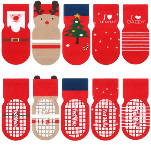 FedMois 5er Pack Baby Kleinkinder ABS rutschfeste Socken Sneaker Socken Tiermotive Baumwolle, Weihnachten, 1-3 Jahre