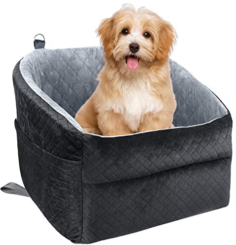 GL GLENSLAVE Hunde Autositz für kleine Hunde, Upgrade Booster Hunde Autositz, abnehmbare und waschbare Haustier Autositze mit Dicker Kissen-Sicherheitsleine und Aufbewahrungstaschen (Schwarz/Grau)