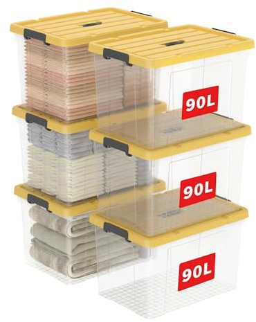 Cetomo 90L*6 Caja de Almacenamiento con Asa, Caja de Plástico con Tapa y Cierre Seguro, Contenedor de Almacenamiento Grande, Duradera, Apilable, Resistentes, Amarillo & Claro, Paquete de 6 de 90L