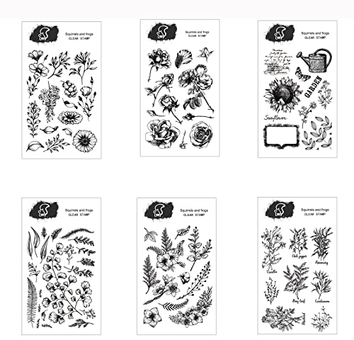 Scrapbooking Silikonstempel Set, 6 Stück Silikonstempel Blumen Silikonstempel Pflanzen Klar Silikonstempel Set Vintage für DIY Bullet Journal Scrapbooking Fotoalbum Kartenherstellung