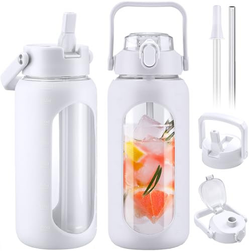 BLUEGO 2L Glass Water Bottles with 2 Lids Flip Lid and Spout Lid Half Gallon Water Bottle with Straw 2000ml Large Water Bottle with Time and Capacity Markers for Gym Home Office Leak-proof,White