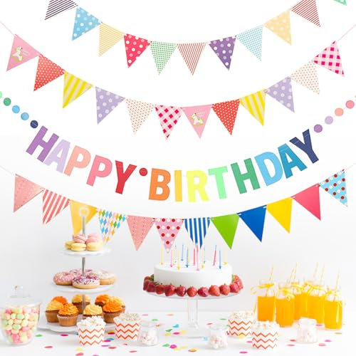 Fizdoqg Happy Birthday Girlande Banner 4 Stück - Bunt mit Dreieckiger Girlande für Erwachsene, Kinder, Mädchen, Frauen