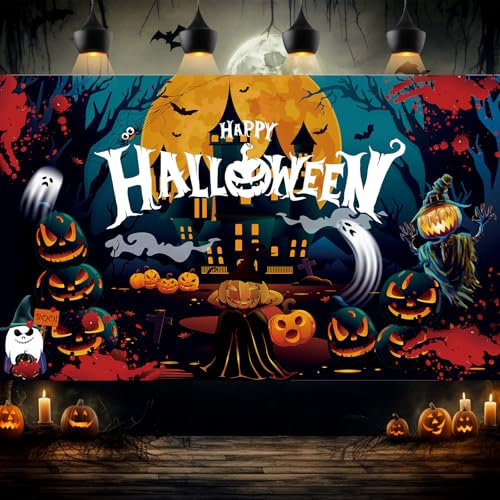 Halloween Banner Deko, 180 x 110 cm Happy Halloween Banner, Halloween Hintergrund Banner, Halloween Party Hintergrund Dekoration, Kürbis Grabstein Fotohintergrund für Garten, Drinnen und Draußen