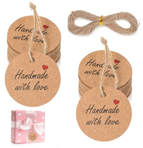 JIYIN 100 etiquetas de regalo, Hecho a mano con amor, colgante de papel de estraza de 3 cm, etiquetas redondas con cordón, etiquetas decorativas colgantes para mercadillos, bodas, regalos