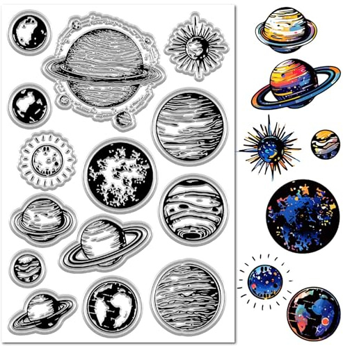 CRASPIRE Klara frimärken planeter yttre rymden universum galax silikon stämpel retro bakgrund transparent gummi stämpel tätningar för scrapbooking journalföring album foto handgjord korttillverkning