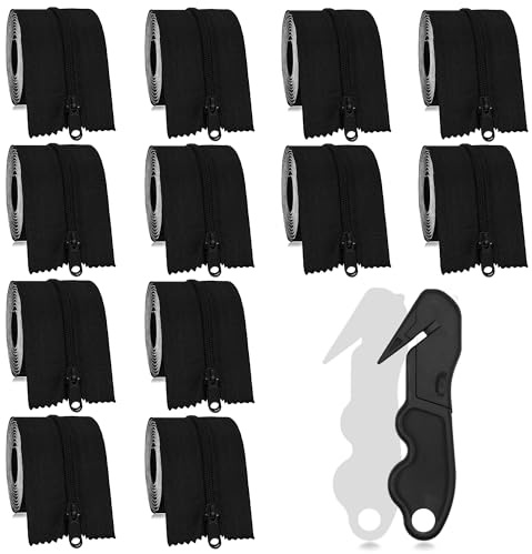 MAYOKEN® 12-Pack Black Heavy Duty Peel & Stick Zipper with Bonus Film Cutter, 7ft x 3in Double-Sided Self-Adhesive Zipper Door for Dust Barriers, Greenhouses, Construction Sites