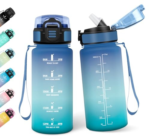 Borraccia, 500ML Con Paglia, Borraccia Bambini, Senza BPA, Borracce con Cannuccia, Bottiglia d'acqua Motivazionale con Indicatore del Tempo, Bottiglia Acqua per Scuola, Sport, Yoga - Verde brillante