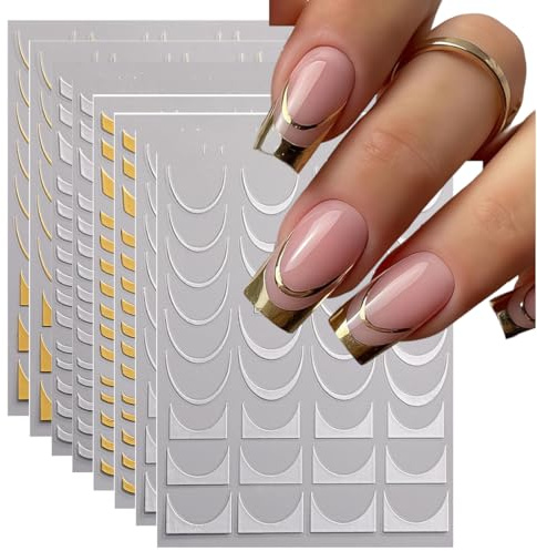 OHREN 8 fogli di adesivi per unghie French Line,3D,per nail art,oro linee,argento,strisce con diamante,design curvo,adesivi unghie nail art