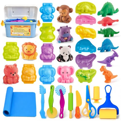 22Pcs Play Dough Tools for Toddlers Age 3+, Preschool Clay Accessories with Storage Box, Silicone Mat, Rolling Pins, Safety Scissors, Mini Knife, 3D Dino & Animal Moulds, Gift for Boys Girls
