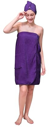 Sofprace Women's Spa Wrap & Hair Towel Body Wrap Adjustable Closure Bathrobe, Purple, Large
