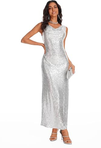 YYPBI Abito da Donna con Paillettes, Abito con Glitter, Senza Maniche, Lungo, Abiti da Cocktail, Abito da Sera, Abito da Festa, Maxi Abito per Matrimonio, argento, XL