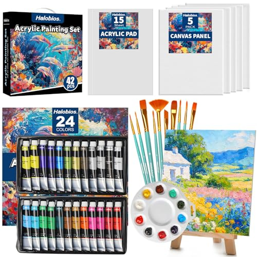 Halobios Acrylic Paint Set, kreativt set med 24 färgtuber, 5 duktavlor och 10 penslar