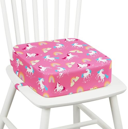 omedecal Rialzo Sedia per Bambini, Seggiolino da Tavolo per Bambini Lavabile Cartoon Cuscino con 2 Regolabile Cinghie & Base Antiscivolo 32 x 32 x 10 cm - Unicorno