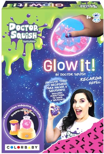 Doctor Squish Recarga Glow it!, Pack con 6 squishies TPR, 6 Clips Reutilizables, Sobres Polvo, Slime, Confeti y Lentejuelas, Compatible con máquina Squishy Maker Doctor Squish, Desde 8 años (48440)