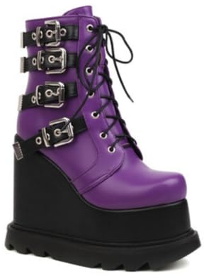 Générique Femmes Bout Rond Cuir PU Bottes Punk Lacées Bottes Gothiques avec Fermeture Éclair Latérale Talon Compensé Hauts Plateforme Bottines avec Boucles,Violet,40 EU