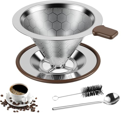 Wozzies Filtri Caffe Americano Riutilizzabile, Set di Filtro Caffe a Nido D'ape con Spazzolino e Cucchiaio, Filtro per Caffè in Acciaio Inox per la Produzione di Caffè a Mano, Facile da Pulire