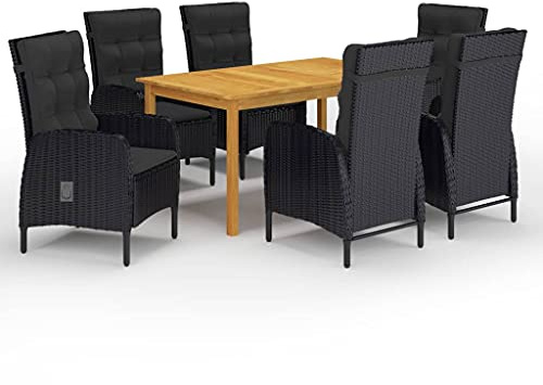 JHQHSM 7-TLG. Gruppo da giardino nero in legno di acacia e rattan PE con cuscini resistenti alle intemperie e sedie ergonomiche per terrazza e balcone