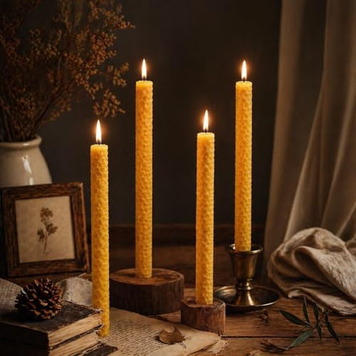 4Pcs Beeswax Candles Set – Yellow Candle Sticks, Handmade Natural Dinner Candles – Honeycomb Texture, Eco Friendly, Long Burning for Dinner Table, Meditation, Camping, Any Indoor Decoration