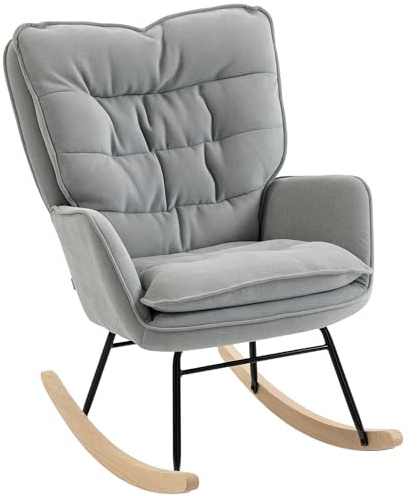 HOMCOM Silla Mecedora Moderna, Mecedora Tapizada en Chenilla, Sillón de Lactancia con Respaldo Ancho, Acolchado Grueso, Patas de Madera, Reposabrazos, para Dormitorio, Salón, Gris Claro