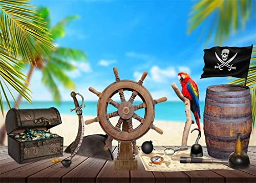 BELECO 2.1x1.5mToile de Fond en Tissu Pirate pour Photographie de Plage, Bateau Pirate, gouvernail en Bois, Carte au trésor, boîte à Bijoux, Fond de Perroquet, décor de fête Pirate d'halloween