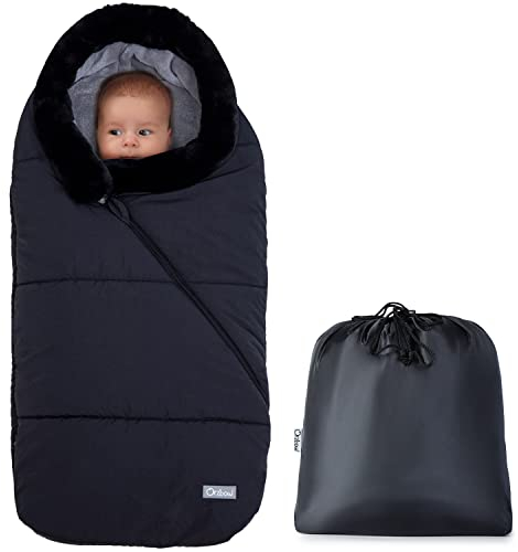 Orzbow Universelle Fußsack Kinderwagen Winter, Einstellbare Fußsack Buggy mit Zwei-Wege-Reißverschluss, Warm Fusssack Kinderwagen baby mit Pelzkragen Passend, Waschbar & Abnehmbarer, Schwarz