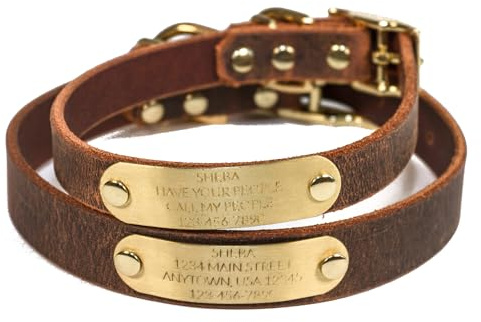 Handmade Personalized Bridle Leather Dog Collar, Engraved Solid Brass Nameplate (Distressed Brown)