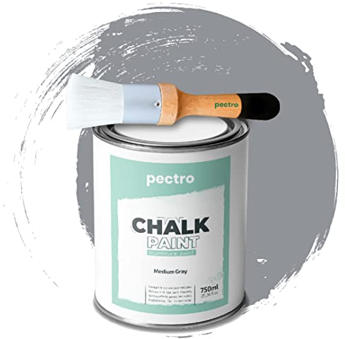 Pack Kreidefarbe für möbel 750ml + Malerpinsel speziell für Chalk Paint - Möbellack Natürlicher Kreideeffekt - Farbe für Holz (Mittelgrau)