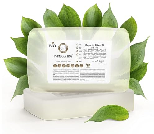 Prime Crafting 1 kg de base de savon à l'huile d'olive bio pour la fabrication de savon - Sans SLS - Savon brut à la glycérine transparent - Pour moulage du savon - Base d'huile d'olive