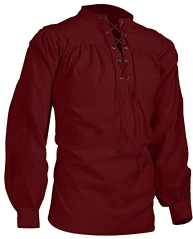 Steampunk Chemise médiévale à volants, pour homme, style Renaissance, en lin, manches longues, style médiéval, avec lacets, col montant, gothique, steampunk, col en V, couleur unie