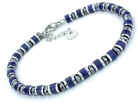 SAGA GIOIELLI® Bracciale Uomo Rondelle Pietre Dure Acciaio (LAPISLAZZULI E CRISTALLI)