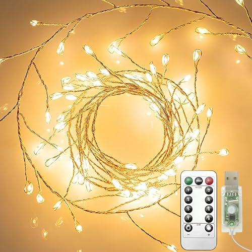 Clearhill Paquete de 2 luces de hadas USB con control remoto, 100 luces LED cálidas de racimo de petardos, 8 modos, cadena de luces de alambre de cobre impermeable para dormitorio, boda, corona de