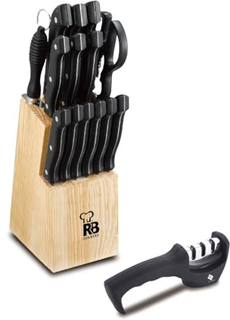 RENBERG TENESSY Set 15 Pzs Cuchillos y Afilador con Tacoma de Madera Acero Inoxidable Mango Negro Duradero y Práctico