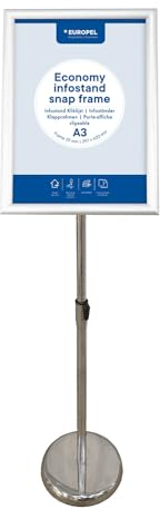 Europel Infoständer Economy, Klapprahmen A3 Silber, Profil 25mm, Hoch- oder Querformat, höhenverstellbar, Präsentationsständer für Plakate, Schilder, Werbung, Menüs, Geschäfte, Hotels, Restaurants.