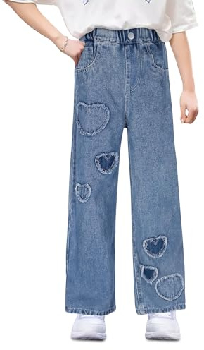 FILOWA Jeans para Niñas Baggy Pierna Ancha Vaqueros Largos Stretch Denim Pantalones con Cintura Elástica Casuales Holgados Azul Pants con Aplique Corazón Moda Streetwear para Infantil 6-7 años