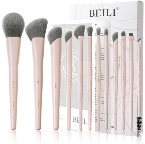 BEILI Lot de 12 pinceaux de maquillage rose végétalien pour poudre, fond de teint, anti-cernes, sourcils, fard à paupières, contour, eyeliner et estomper les yeux
