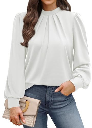 WIHOLL Blouses for Women Long Sleeve Tops Mock Neck Pleated Shirts Ladies Tops Business Loose Fit