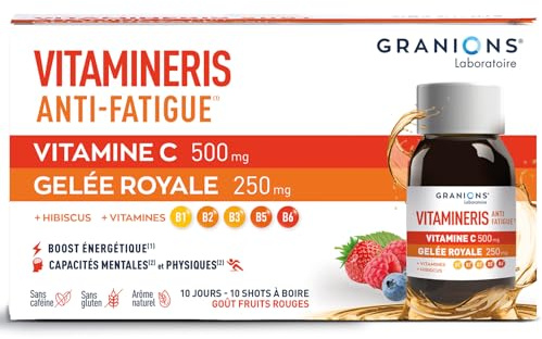 GRANIONS | Vitamineris Shot Anti Fatigue - Vitamine C + Gelee Royale + Hibiscus - Vitamine C Anti Fatigue Puissant - 6 Vitamines & 3 Actifs - Goût Fruits Rouges - 10 Shots - Format 10 jours