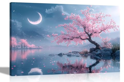 Artley Prints - Moon Cherry Tree Landscape Mountain Lake View Canvas Wall Art Prints for Living Room Décor Nature Home Office Pictures 76 x 50cm (30 x 20 inches)