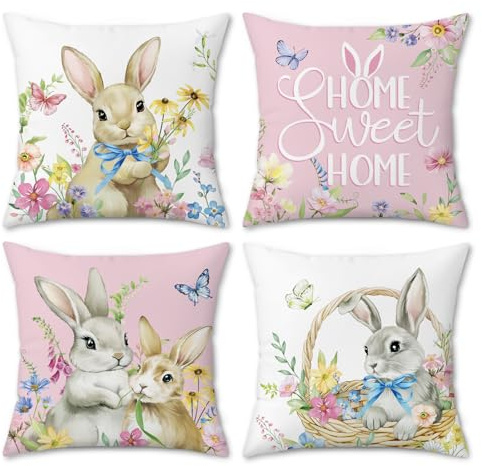 Bonhause Vårkanin kuddfodral 45 x 45 cm rosa kanin blomma dekorativa kuddöverdrag mjuk sammet örngott för bäddsoffa hem påsk dekor set med 4