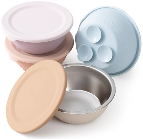 Moonkie babyskålar av rostfritt stål med silikonlock och sugbas | sömlös design | BPA-fri | 384 ml | diskmaskinssäker | från 4 månader | 4-pack (puderrosa/dimmig lila/pastellblå/varm sandbeige)