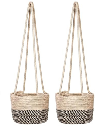 Faroby Cesta Colgante para macetero, Cesta Colgante Tejida de Mimbre con Cuerda de Yute, contenedores de Plantas para Montaje en Pared para Sala de Estar y balcón, 2 uds.