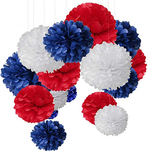 MAKFORT Pompon Bleu Pompon Papier Soie Papier Fleur Pompon Boule à Suspendre 6,10,12 décor Mariage fête Anniversaire Happy Birthday Lot de 15 Bleu