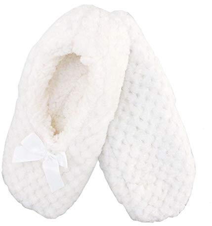 BambooMN Adult Super Soft Warm Cozy Fuzzy Soft Touch Slippers Non-Slip Lined Socks, White, Medium 1 Pair
