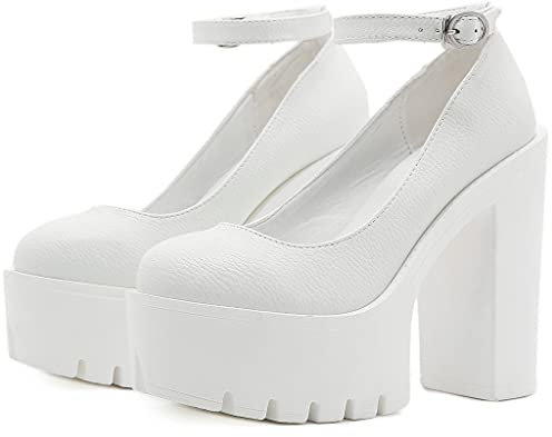 KISSASA Womens Round Toe Chunky Heeled Ankle Strap Pumps Mary Jane Platform Heels Size 5UK,White