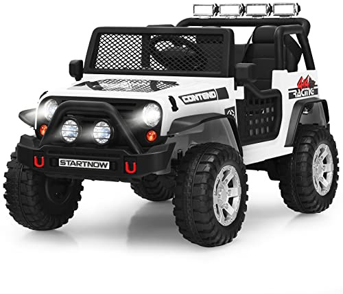 COSTWAY 12V Kids Electric Ride on Truck, Battery Powered Off-road Car with Remote Control, LED Lights, Horn, Music, 4 Spring Suspension Wheels Vehicle Toy for Children (White)