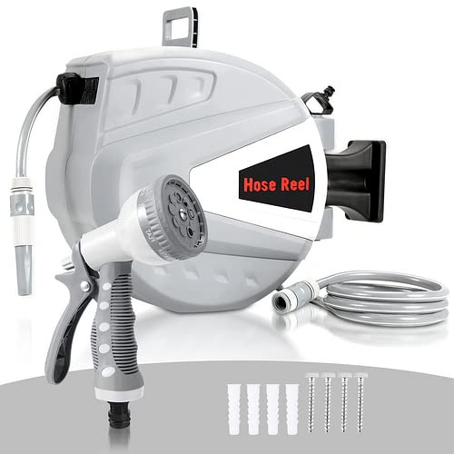 Ansobea Enrouleur de tuyau d'eau 30 + 2 m avec support mural/douchette/matériel de montage, enrouleur automatique, tuyau d'arrosage, enrouleur de tuyau mural, gris