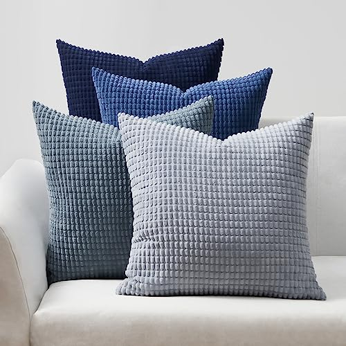 Topfinel Kissenbezug 45x45 Blau 4er Set Cord körnig Farbverlauf Kissenbezüge Kissenhülle Dekokissenbezug Sofakissen Couchkissen für Sofa Schlafzimmer Wohnzimmer Balkon Kinder flauschig