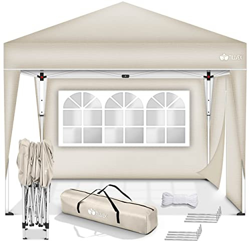 tillvex Pavillon 3x3m wasserdicht mit 2 Seitenteilen + 4er Set Sandsäcke | Pop-Up Faltpavillon stabil & höhenverstellbar | Gartenzelt UV Schutz 50+ | Partyzelt mit Tasche für Garten, Beige
